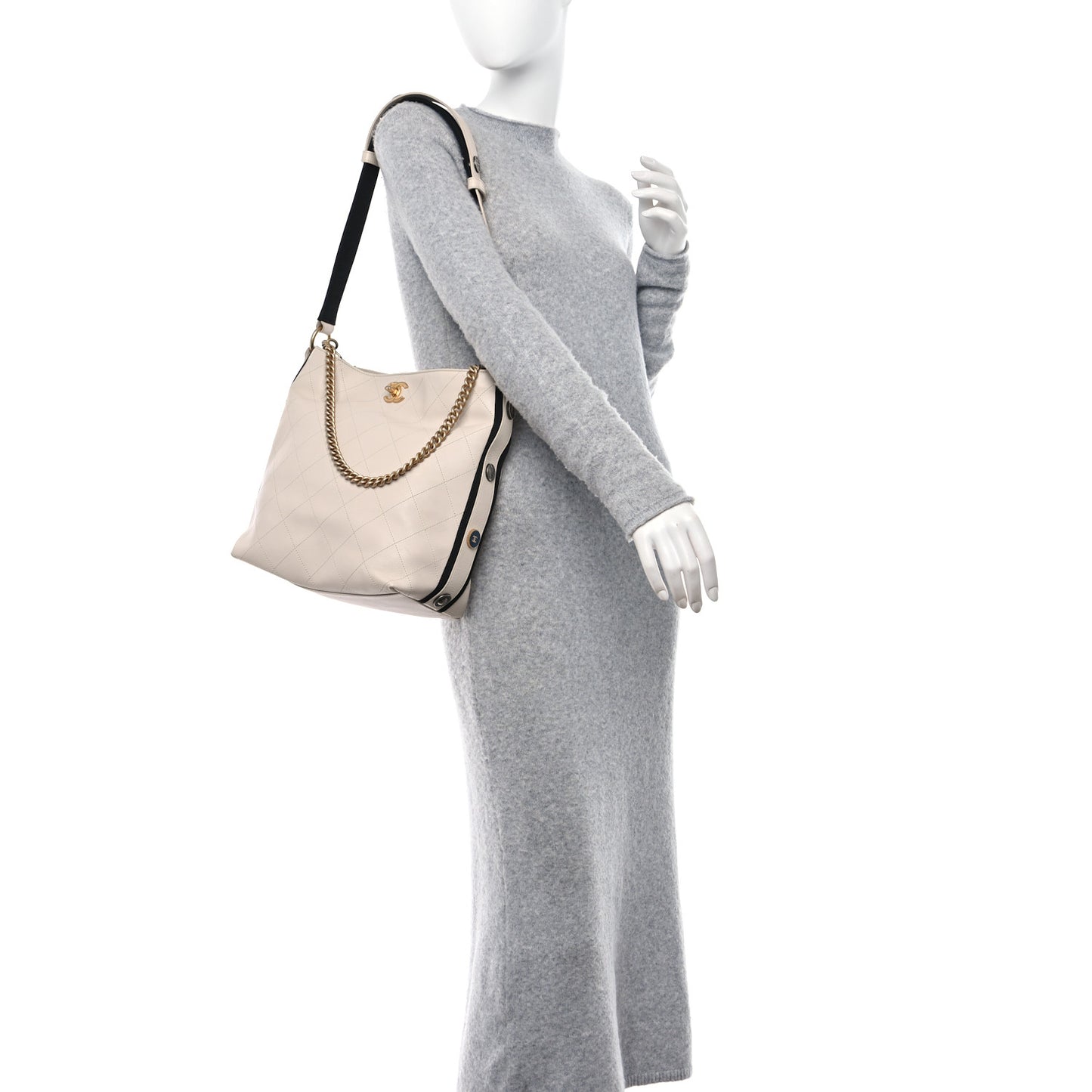 Calfskin Stitched Large Button Up Hobo Ivory Black