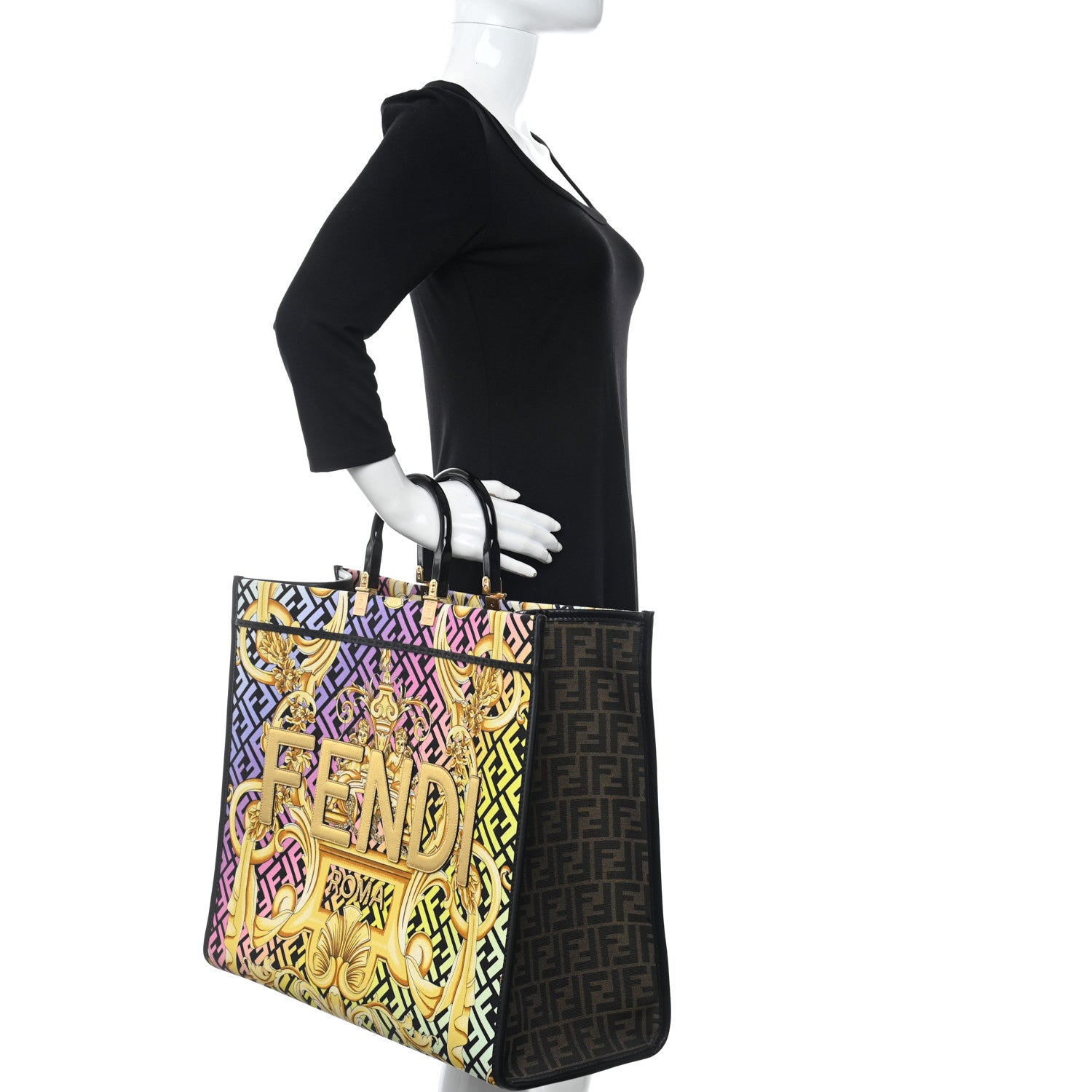 Fendi X VERSACE Canvas Printed Plexiglass Fendace FF Baroque XL Fendi Sunshine Shopper Tote Gold 2 of 9
