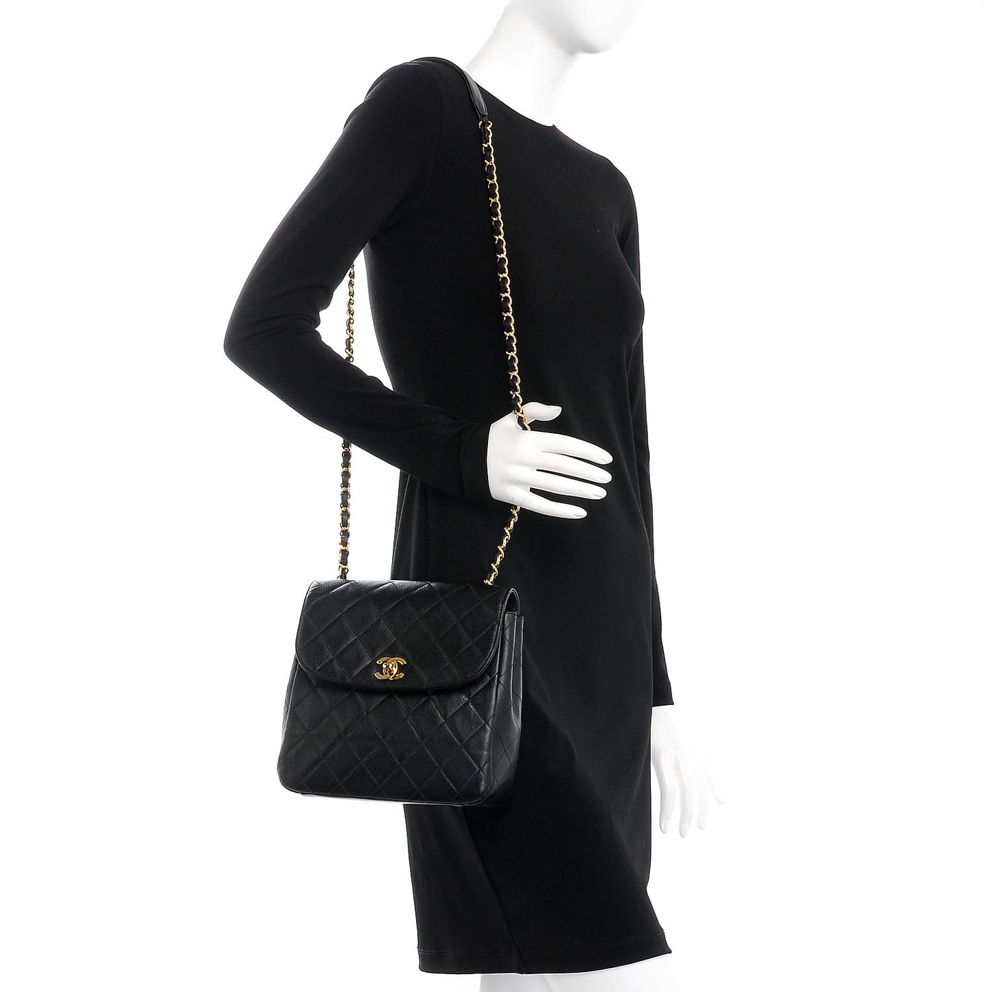 Caviar Quilted Medium Flap Shoulder Bag Black