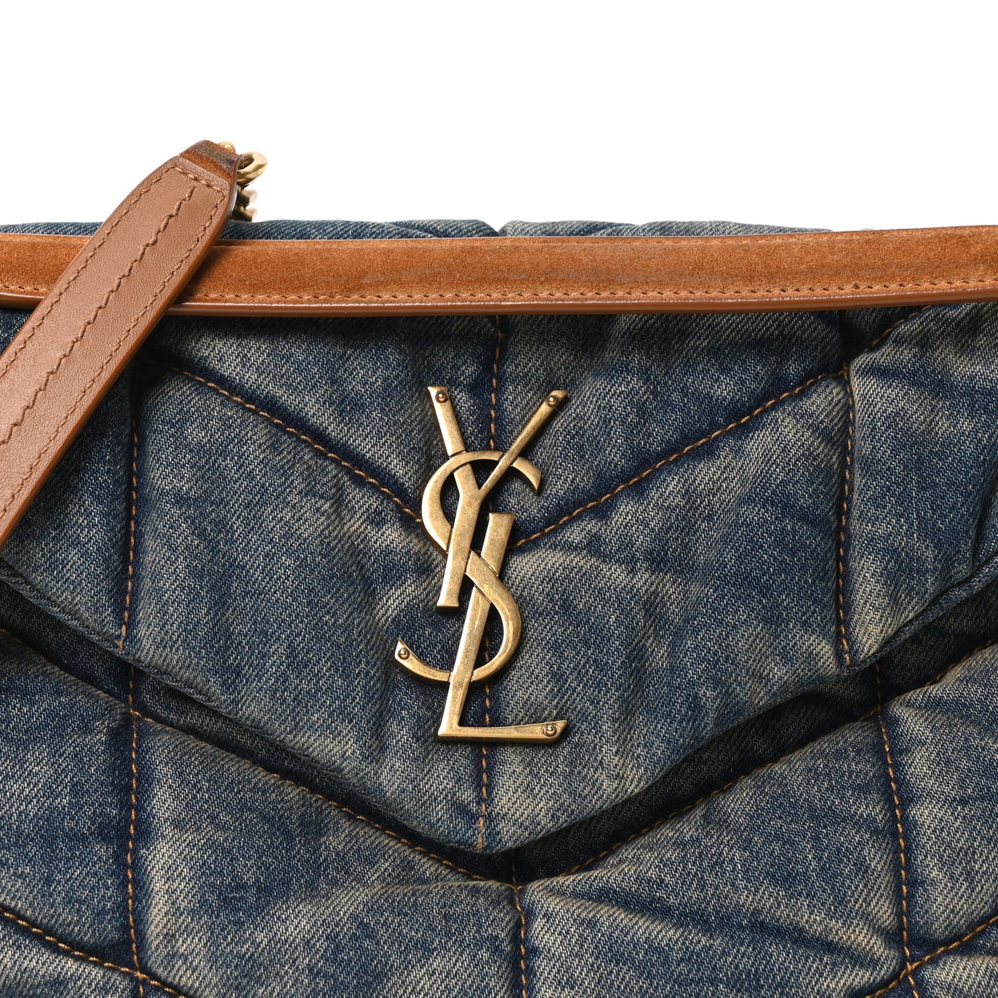 Denim Quilted Small Loulou Puffer Monogram Chain Satchel Blue Cinnamon