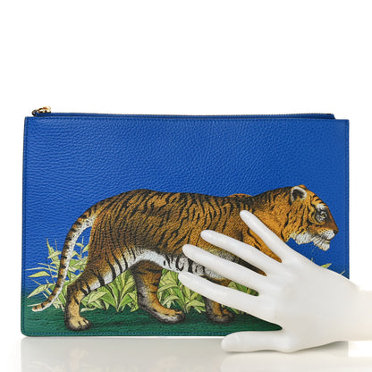 Gucci Pebbled Calfskin Tiger Print Zip Clutch Dark Sky 2 of 9