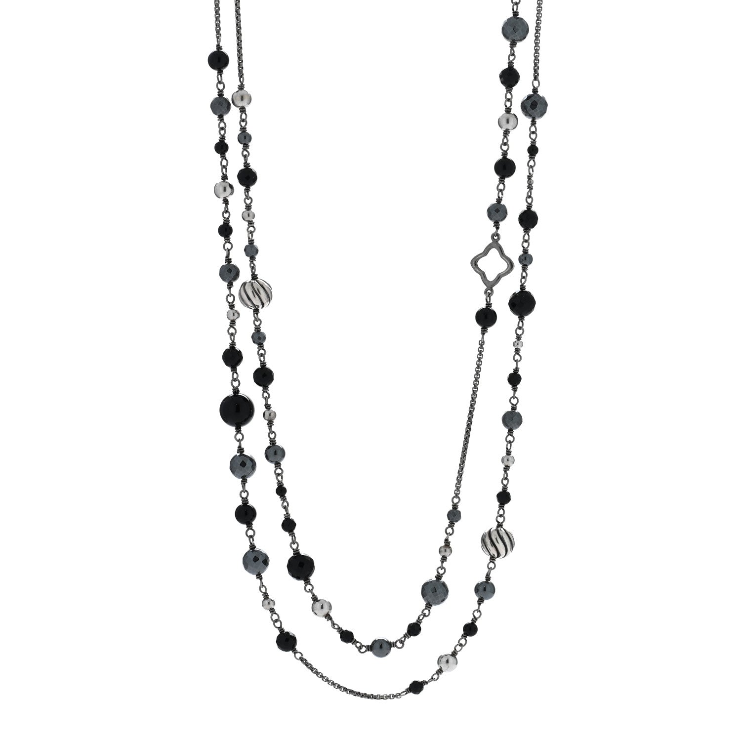 David Yurman Darkened Sterling Silver Black Onyx Hematite Quatrefoil Bead Chain Necklace 1 of 4