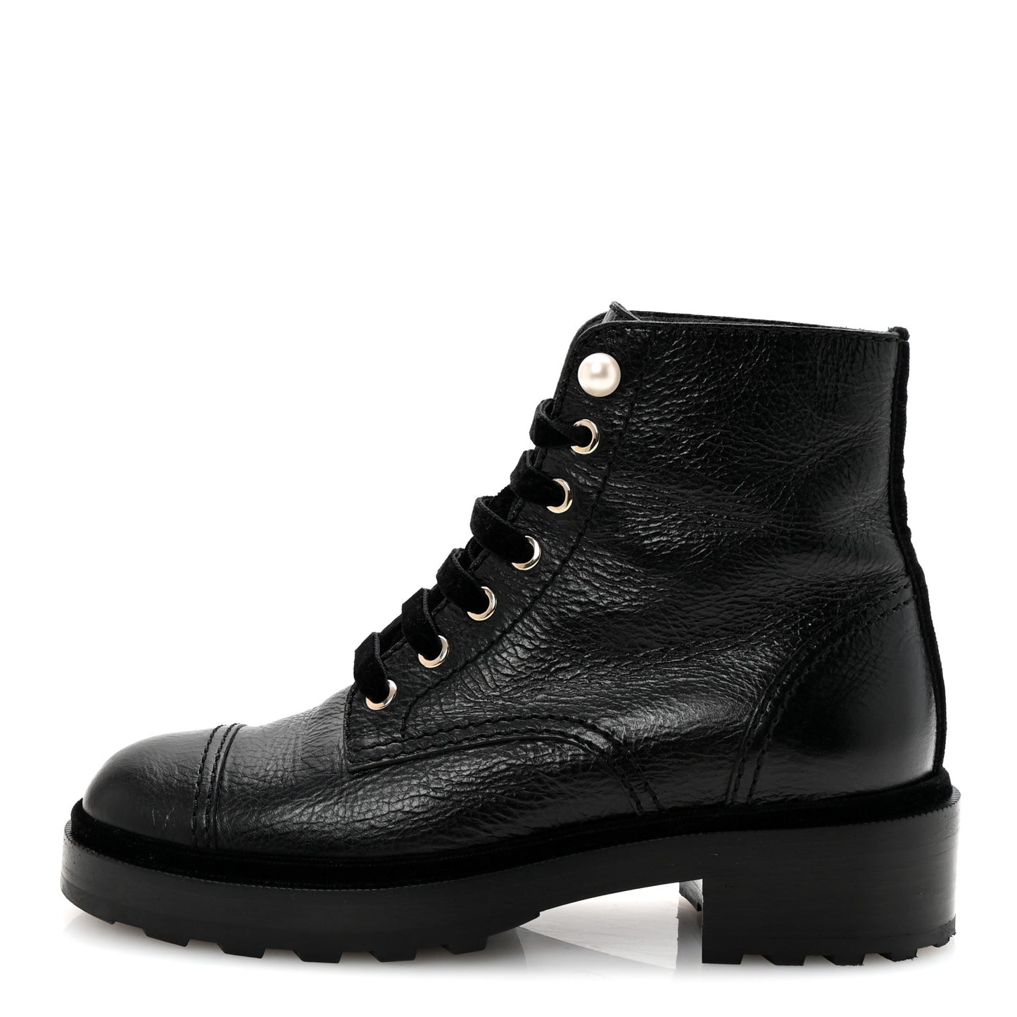 Shiny Calfskin Velvet Pearl Combat Short Boots 37 Black