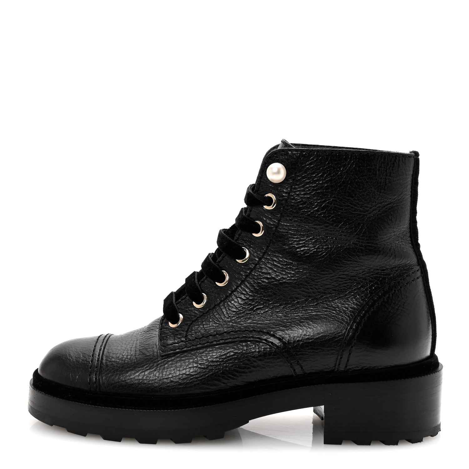 Chanel Shiny Calfskin Velvet Pearl Combat Short Boots 37 Black 1 of 10
