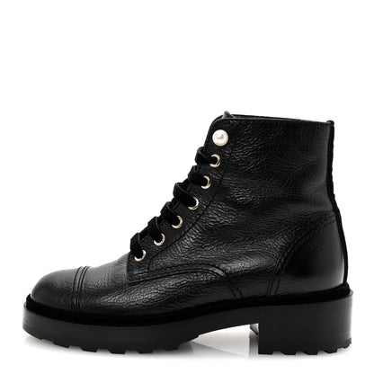 Chanel Shiny Calfskin Velvet Pearl Combat Short Boots 37 Black 1 of 10