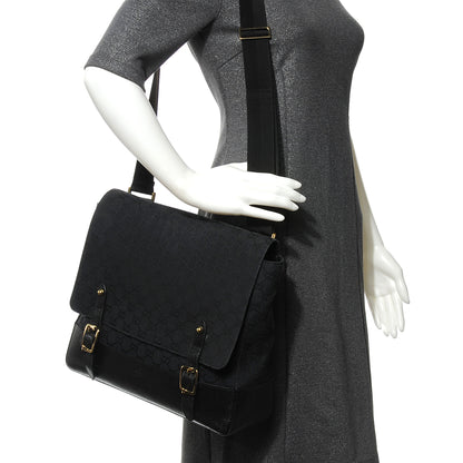 Gucci Monogram Calfskin Double Buckle Flap Messenger Bag Black 2 of 8
