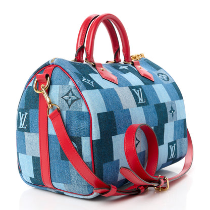 Louis Vuitton Denim Damier Monogram Patchwork Speedy Bandouliere 30 Blue Rouge 3 of 10