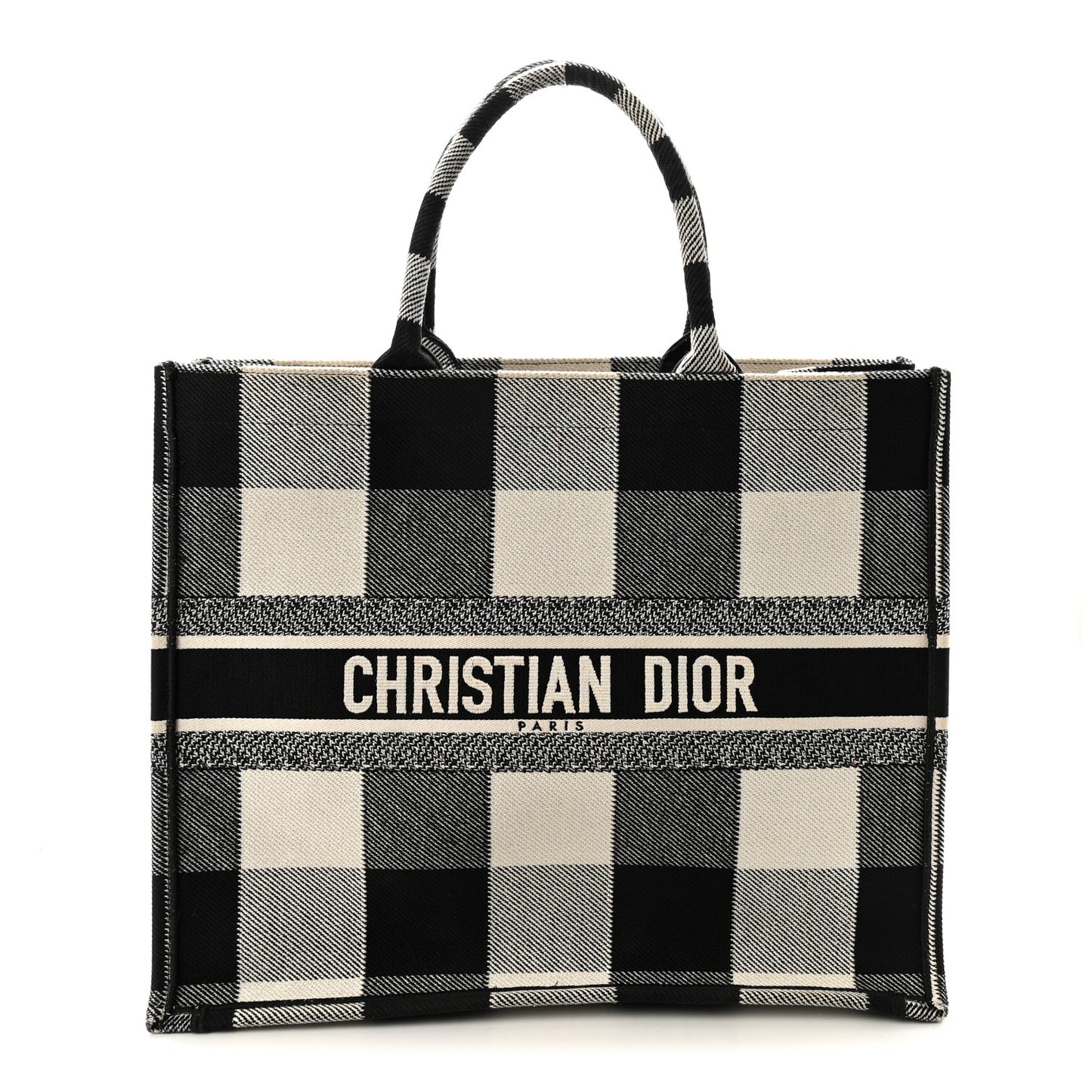 Canvas Embroidered Large Checkered Book Tote Black White