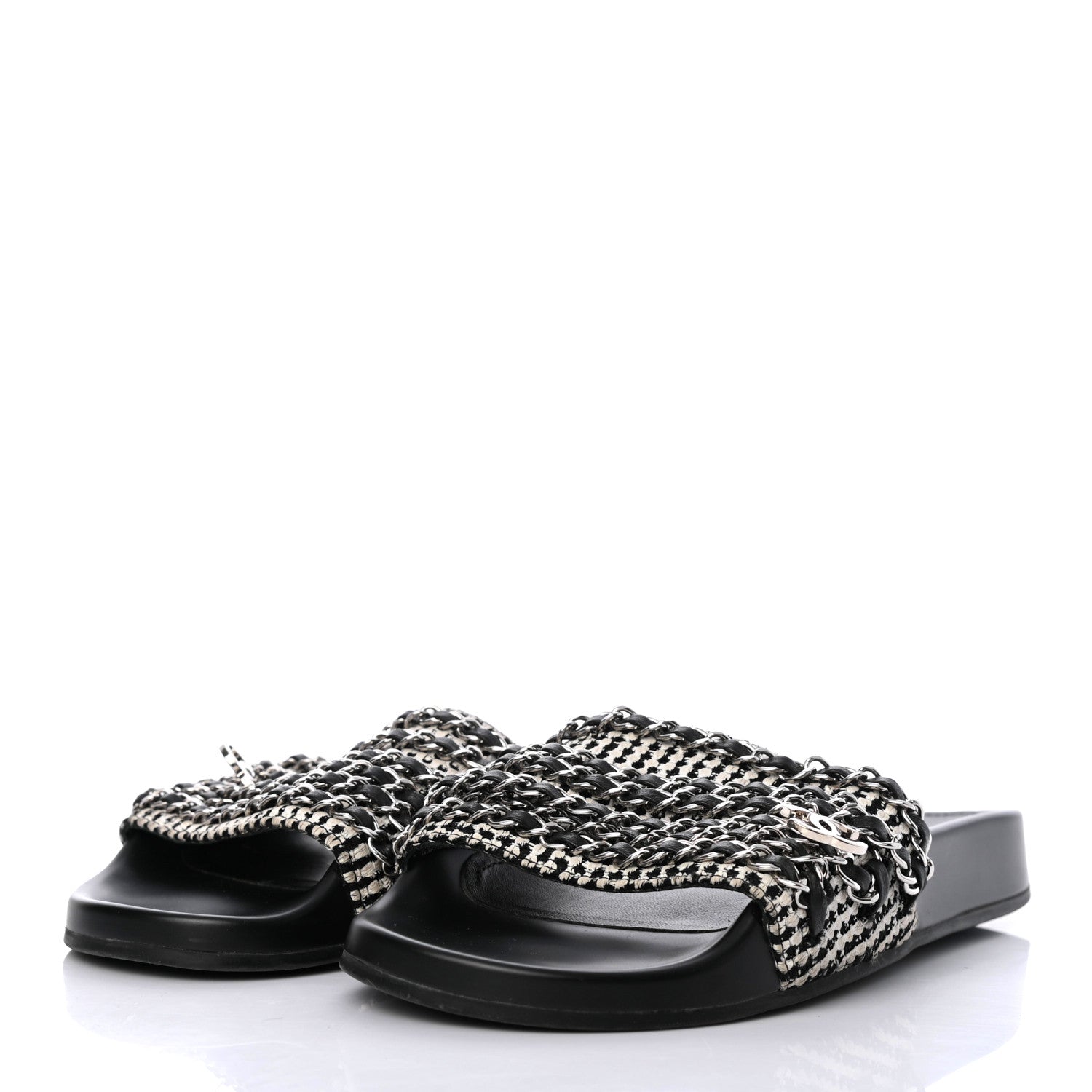 Chanel Tweed Lambskin Chain Flat Sandals 38 White Black 3 of 8