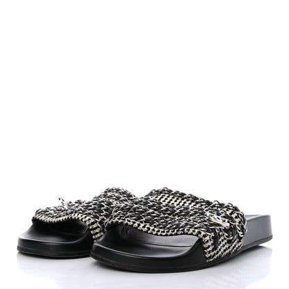 Chanel Tweed Lambskin Chain Flat Sandals 38 White Black 3 of 8