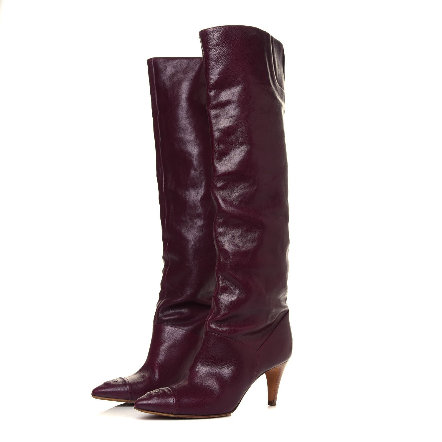 Chanel Calfskin CC Cap Toe Knee High Boots 36.5 Burgundy 3 of 6