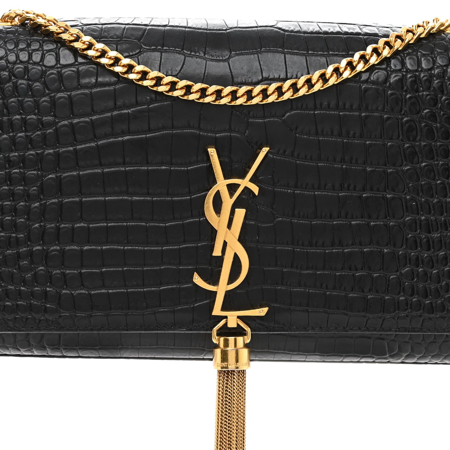 Calfskin Crocodile Embossed Medium Classic Monogram Kate Tassel Satchel Black