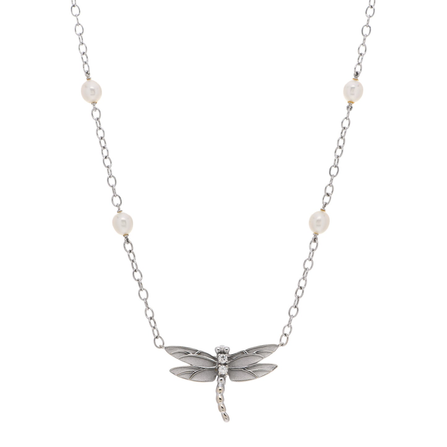18K White Gold Diamond Pearl Dragonfly Station Necklace