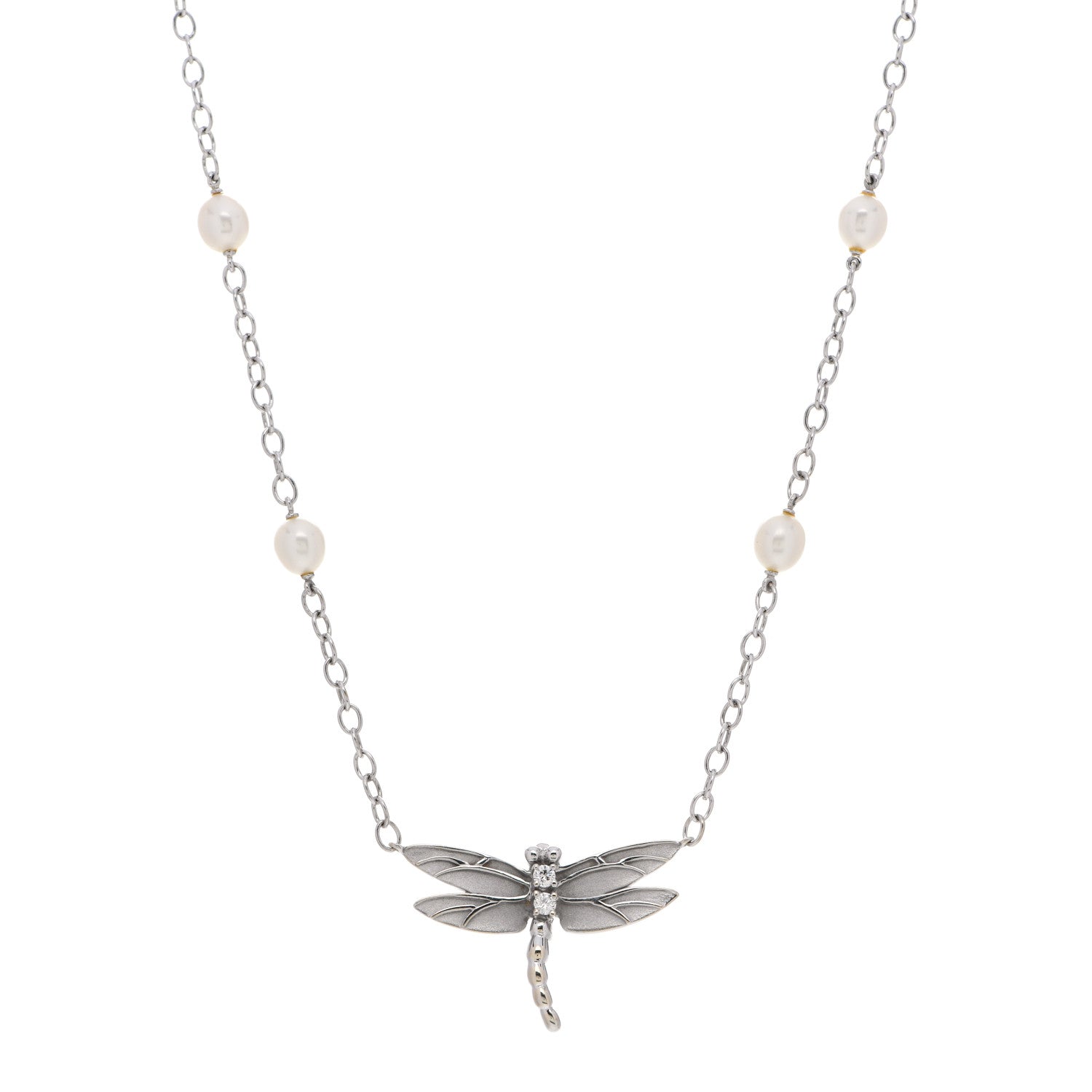Tiffany 18K White Gold Diamond Pearl Dragonfly Station Necklace 1 of 6