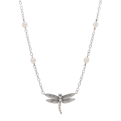 Tiffany 18K White Gold Diamond Pearl Dragonfly Station Necklace 1 of 6