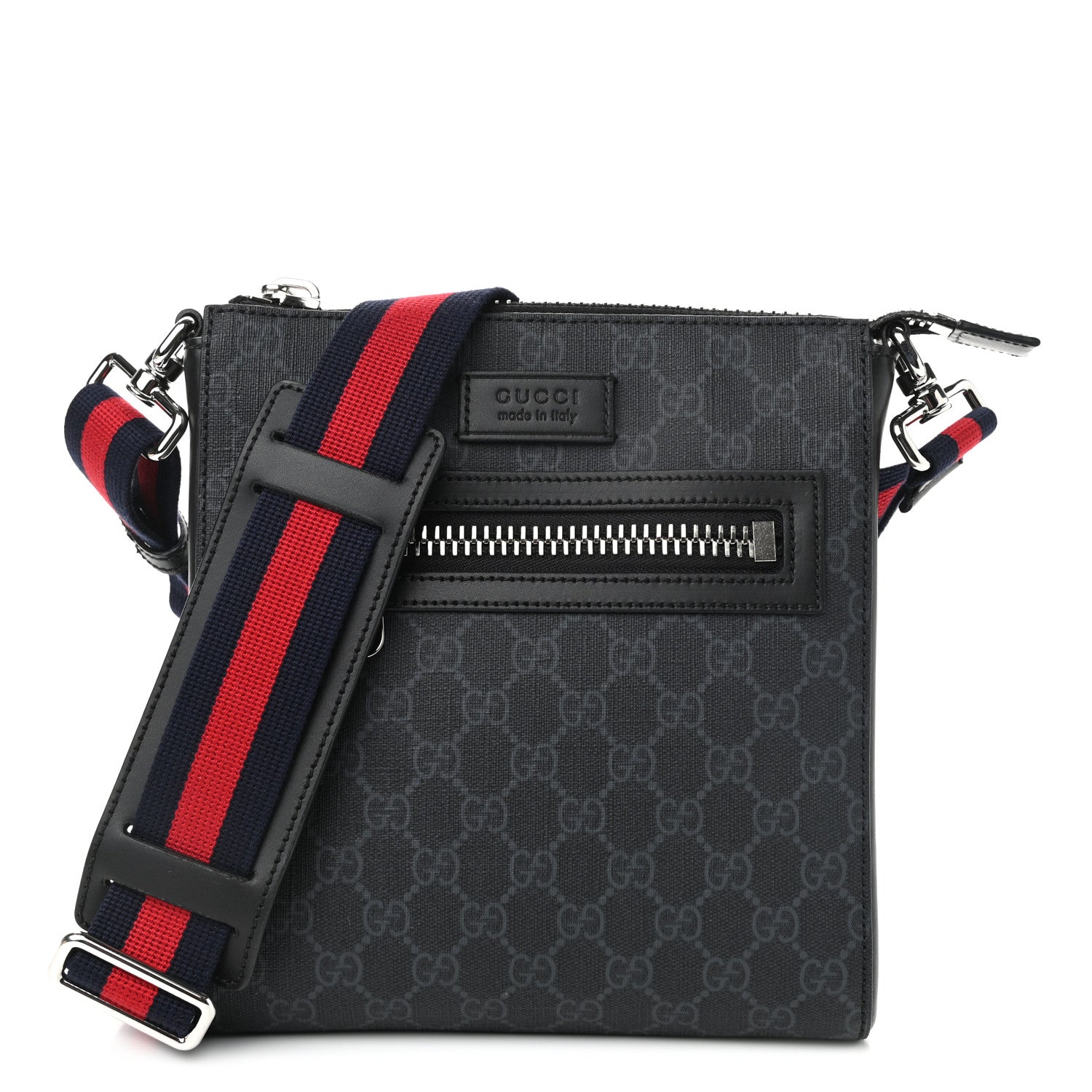 Gucci GG Supreme Monogram Web Small Flat Messenger Bag Black Grey 1 of 11