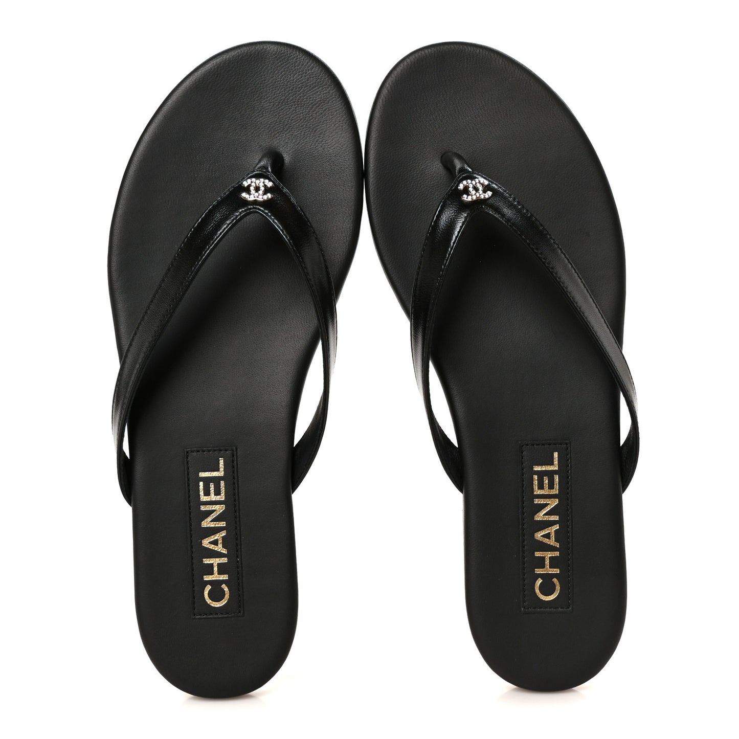 Shiny Lambskin Crystal CC Thong Sandals 38 Black
