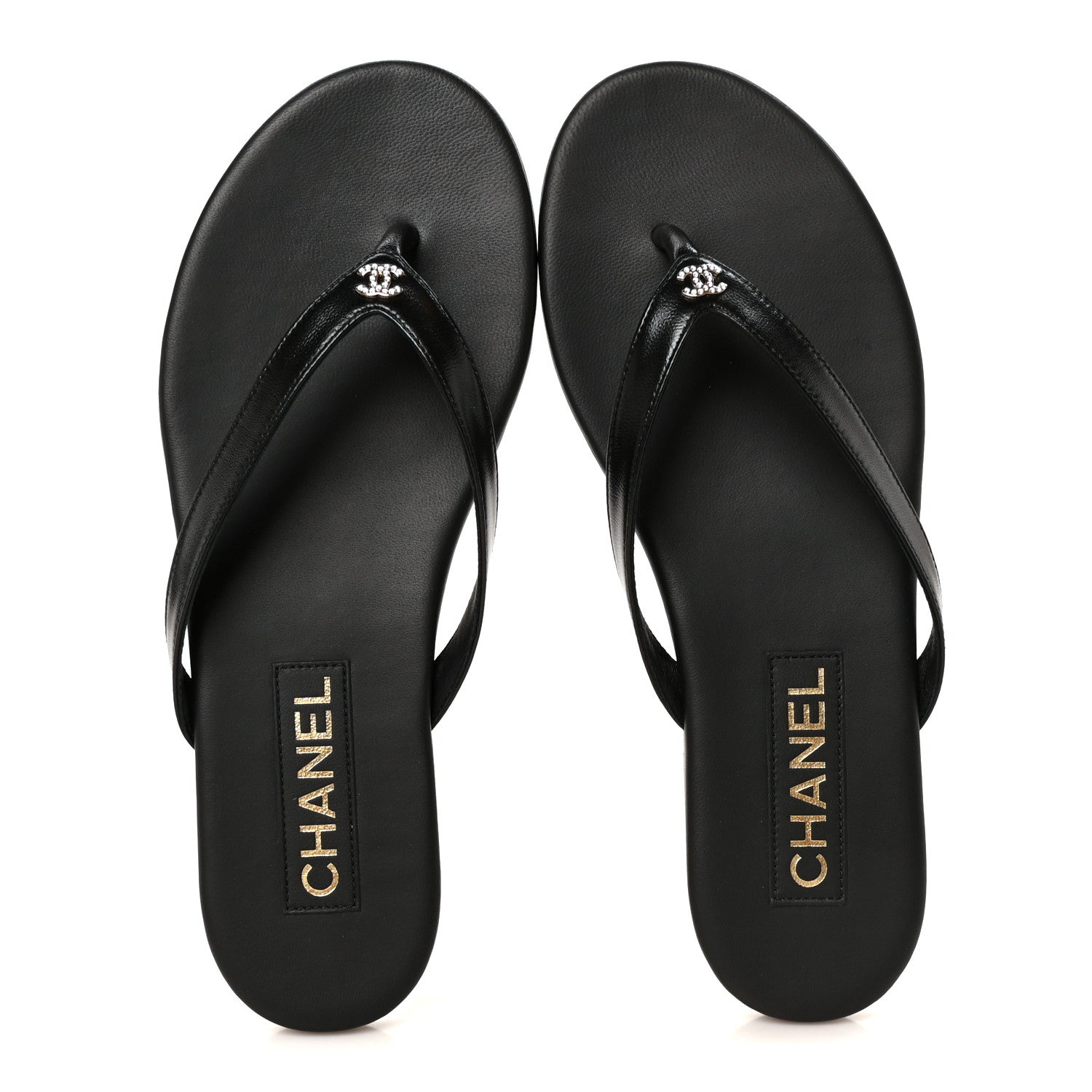 Chanel Shiny Lambskin Crystal CC Thong Sandals 38 Black 2 of 10