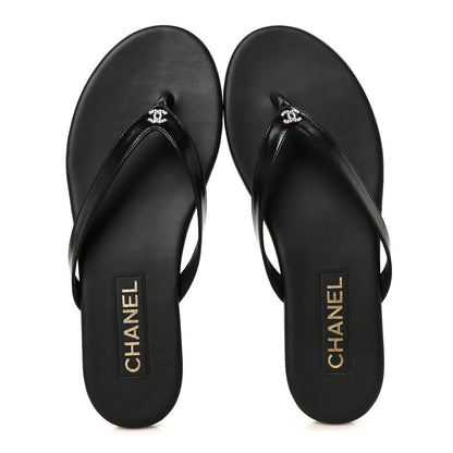 Chanel Shiny Lambskin Crystal CC Thong Sandals 38 Black 2 of 10