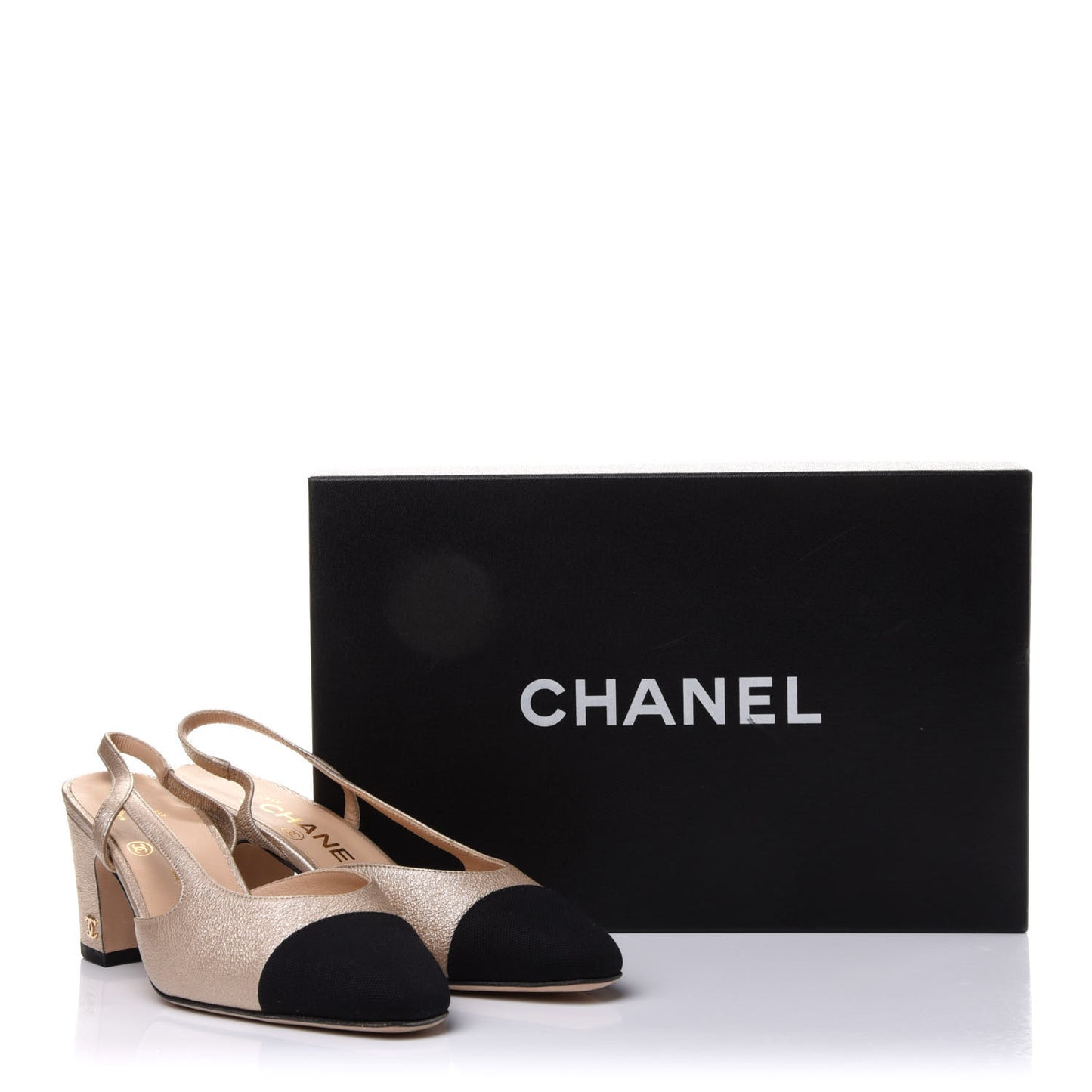 Metallic Lambskin Grosgrain Cap Toe CC Slingback Sandals 35 Gold Black