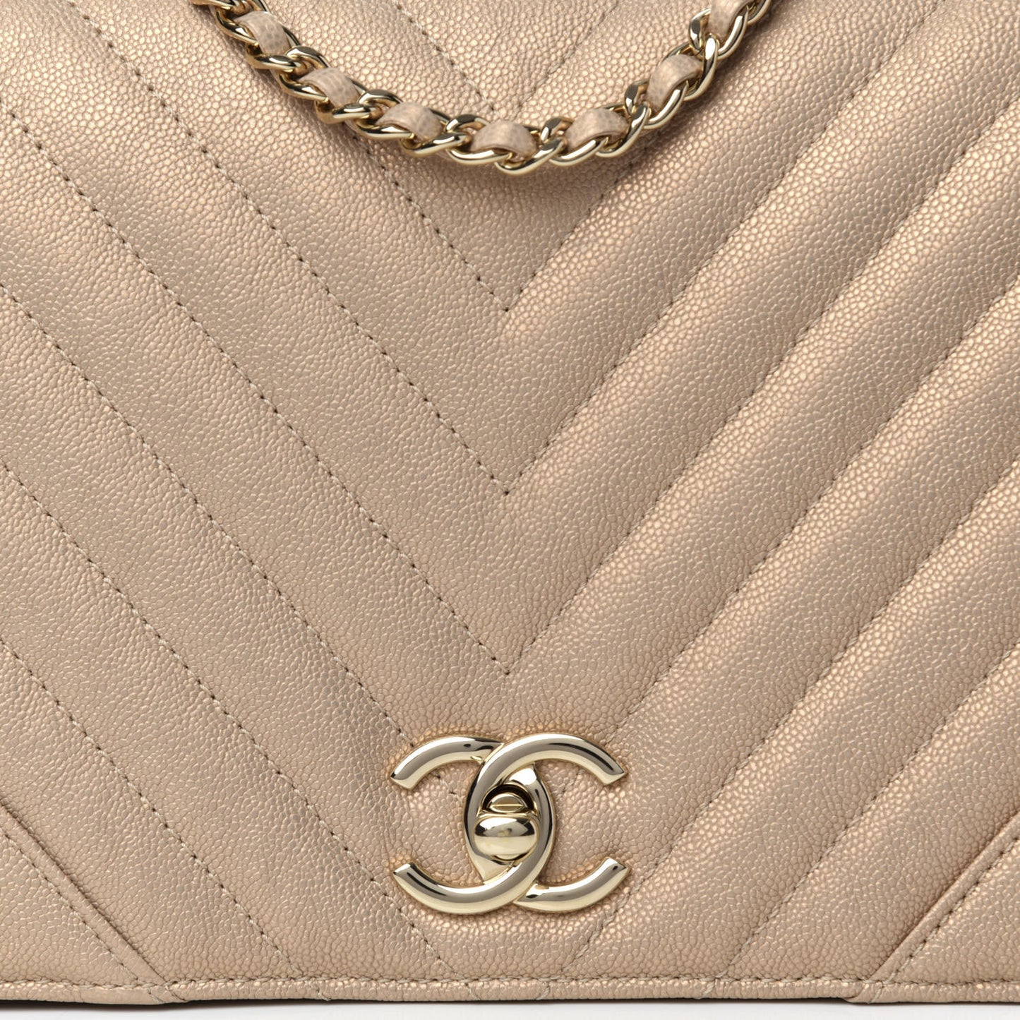 Metallic Caviar Chevron Quilted Medium Statement Flap Beige