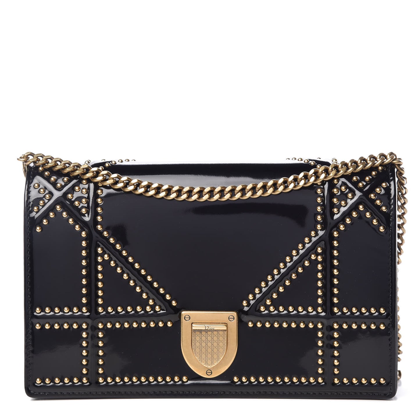 Patent Studded Diorama Wallet on Chain Pouch Black