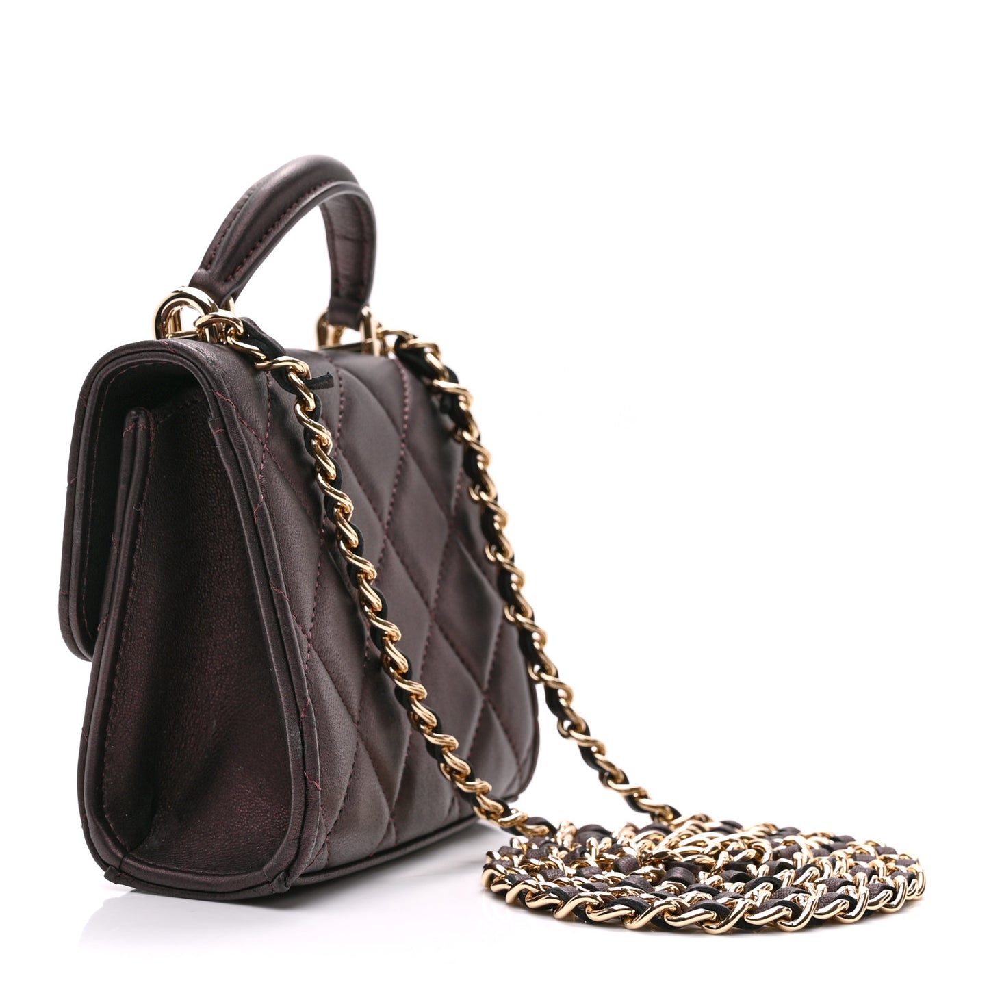 Iridescent Lambskin Quilted Top Handle Clutch With Chain Burgundy