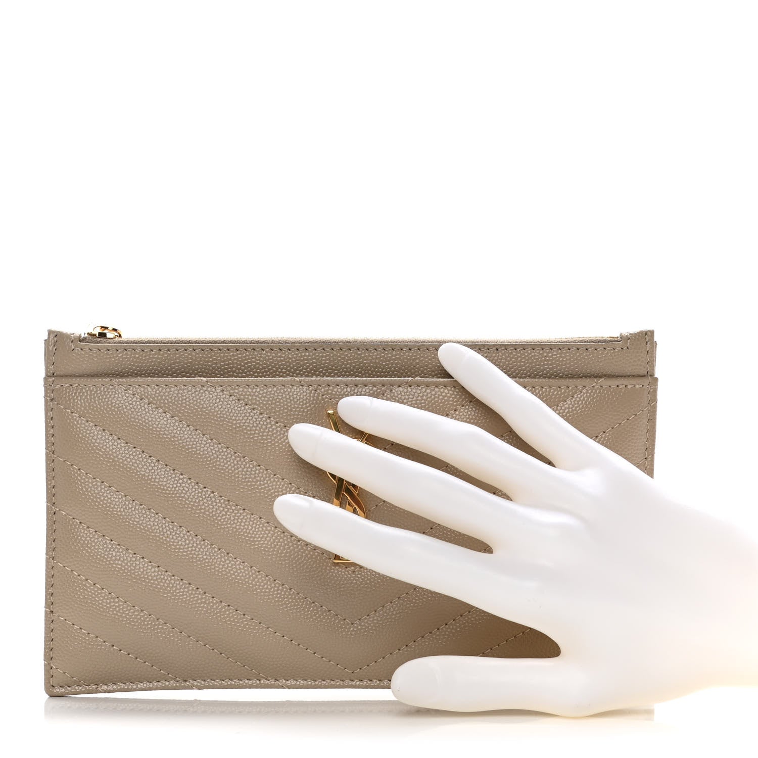 Saint Laurent Grain De Poudre Chevron Monogram Bill Pouch Dark Beige 2 of 9