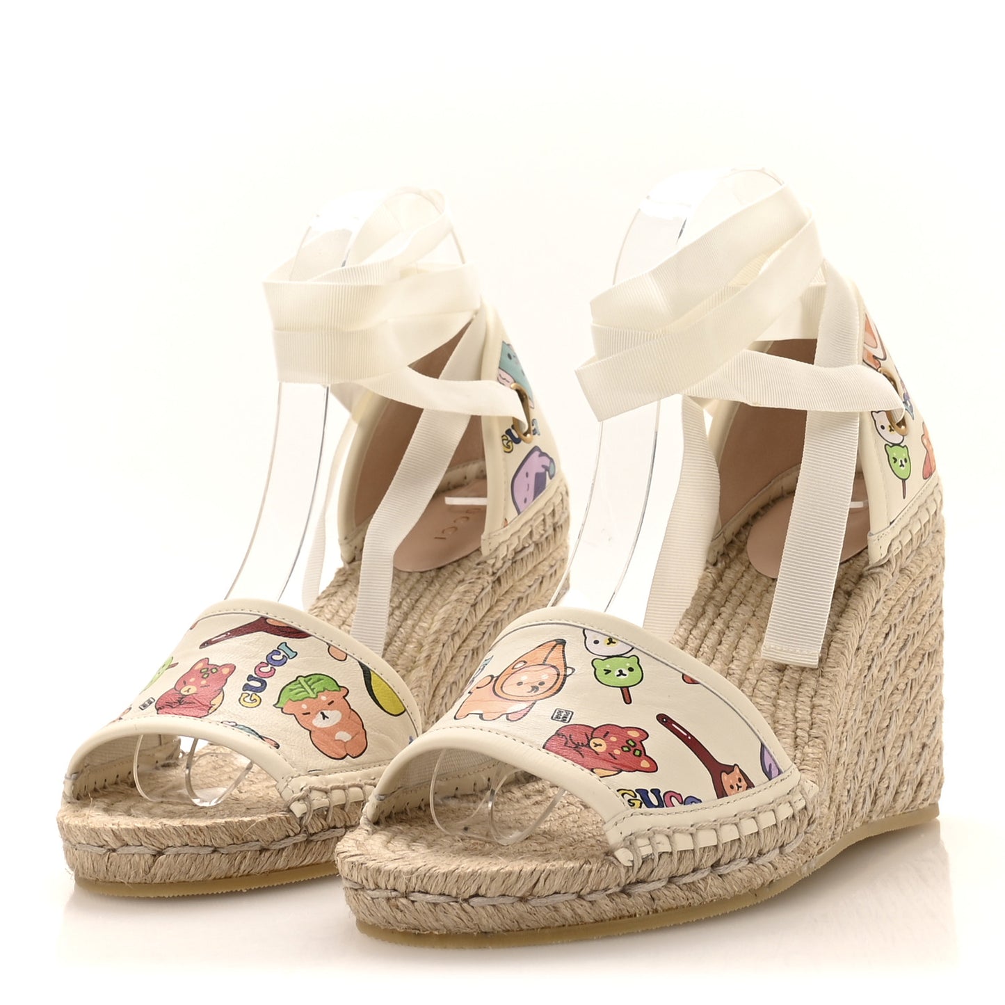 Miro Soft Calfskin Printed Ankle Wrap Platform Espadrille Wedge Sandals 38 Ivory Sushi 38 Ivory Sushi