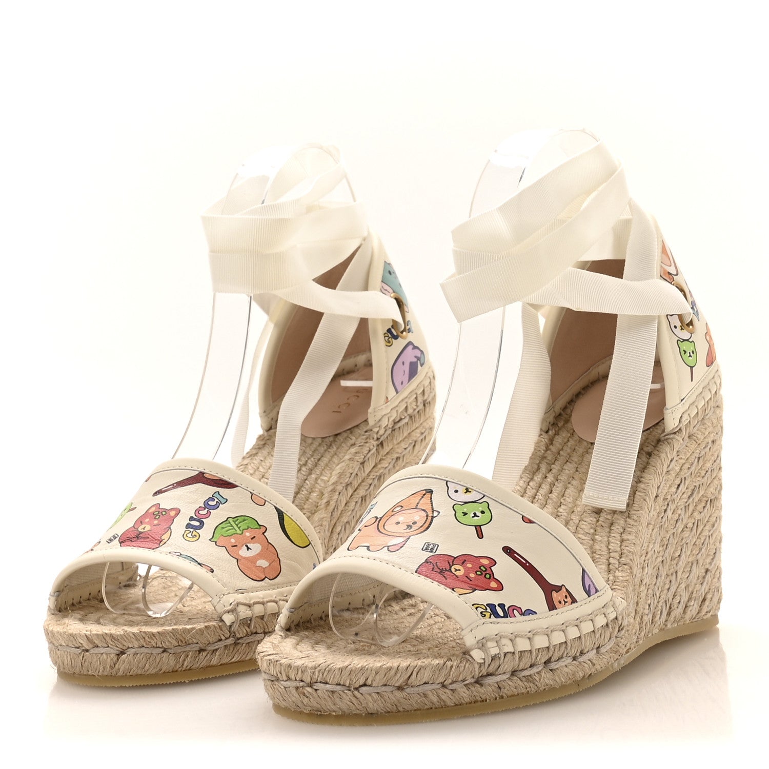 Gucci Miro Soft Calfskin Printed Ankle Wrap Platform Espadrille Wedge Sandals 38 Ivory Sushi 38 Ivory Sushi 4 of 9