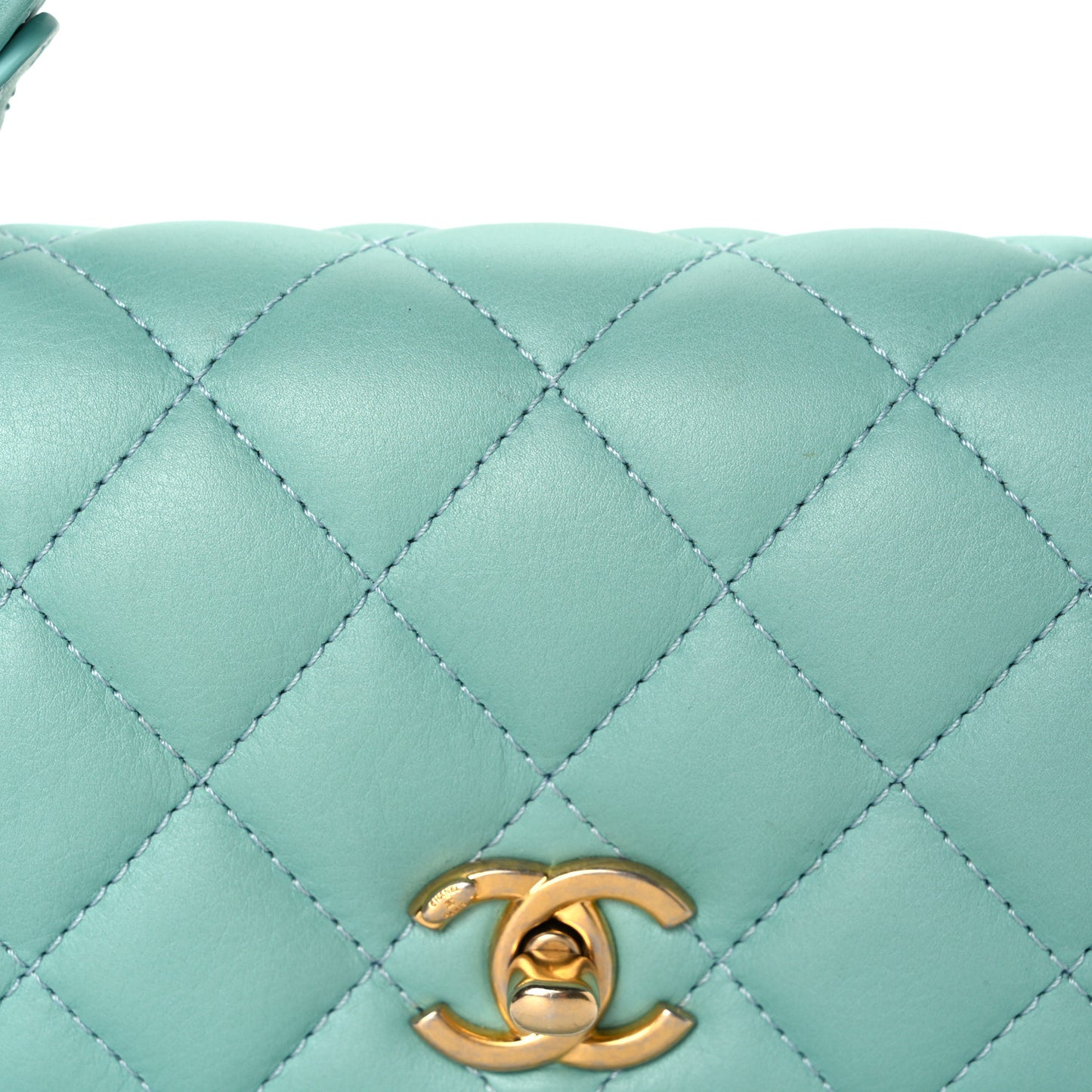 Calfskin Quilted Top Handle Flap Light Blue