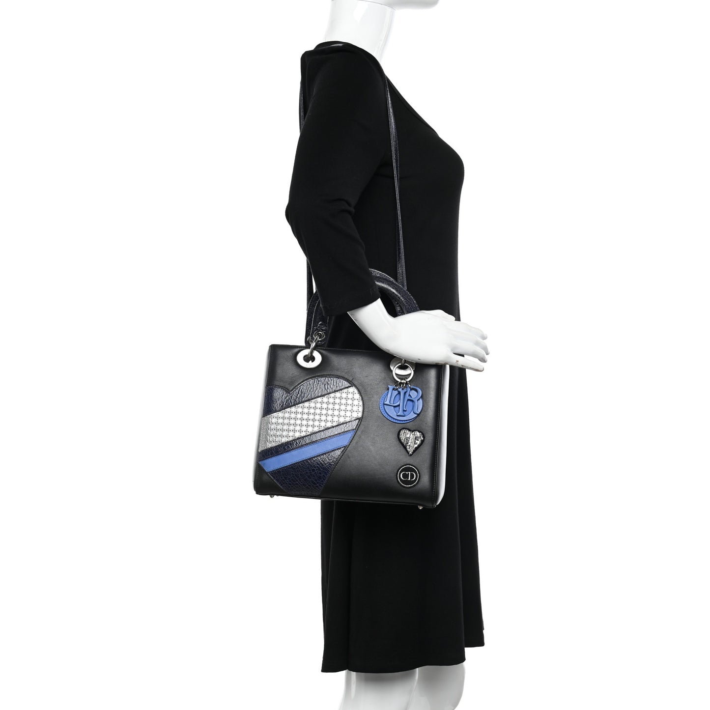 Calfskin Patent Embroidered Valentines Day Heart Medium Lady Dior Black Blue