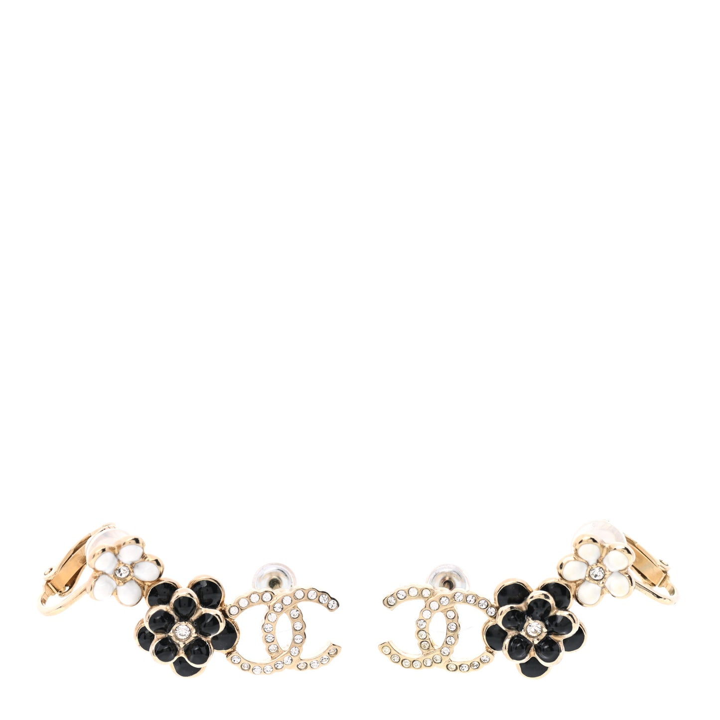 Crystal Enamel Flower CC Earrings Gold White Black