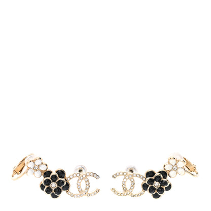 Chanel Crystal Enamel Flower CC Earrings Gold White Black 1 of 5