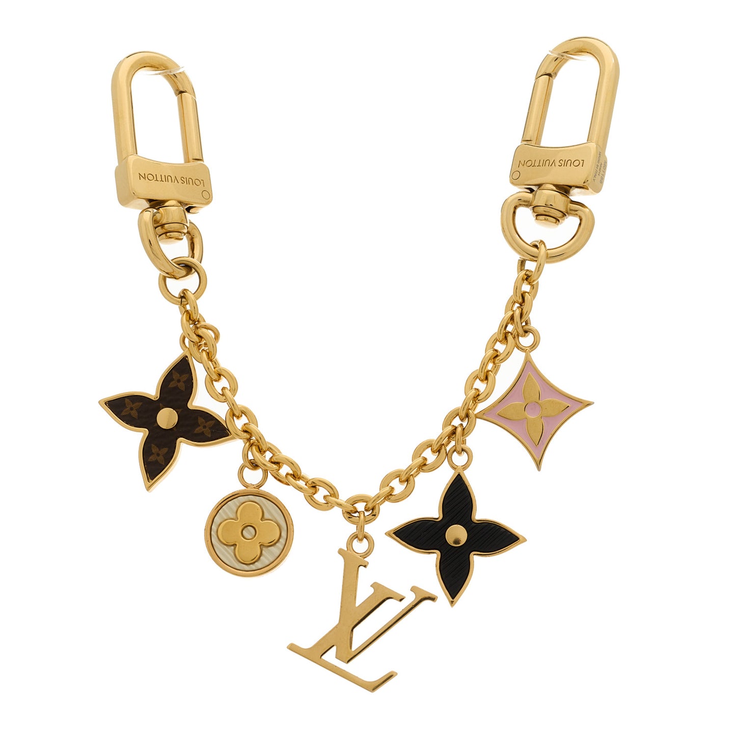 Brass Enamel Fleur De Monogram Bag Charm Chain Gold