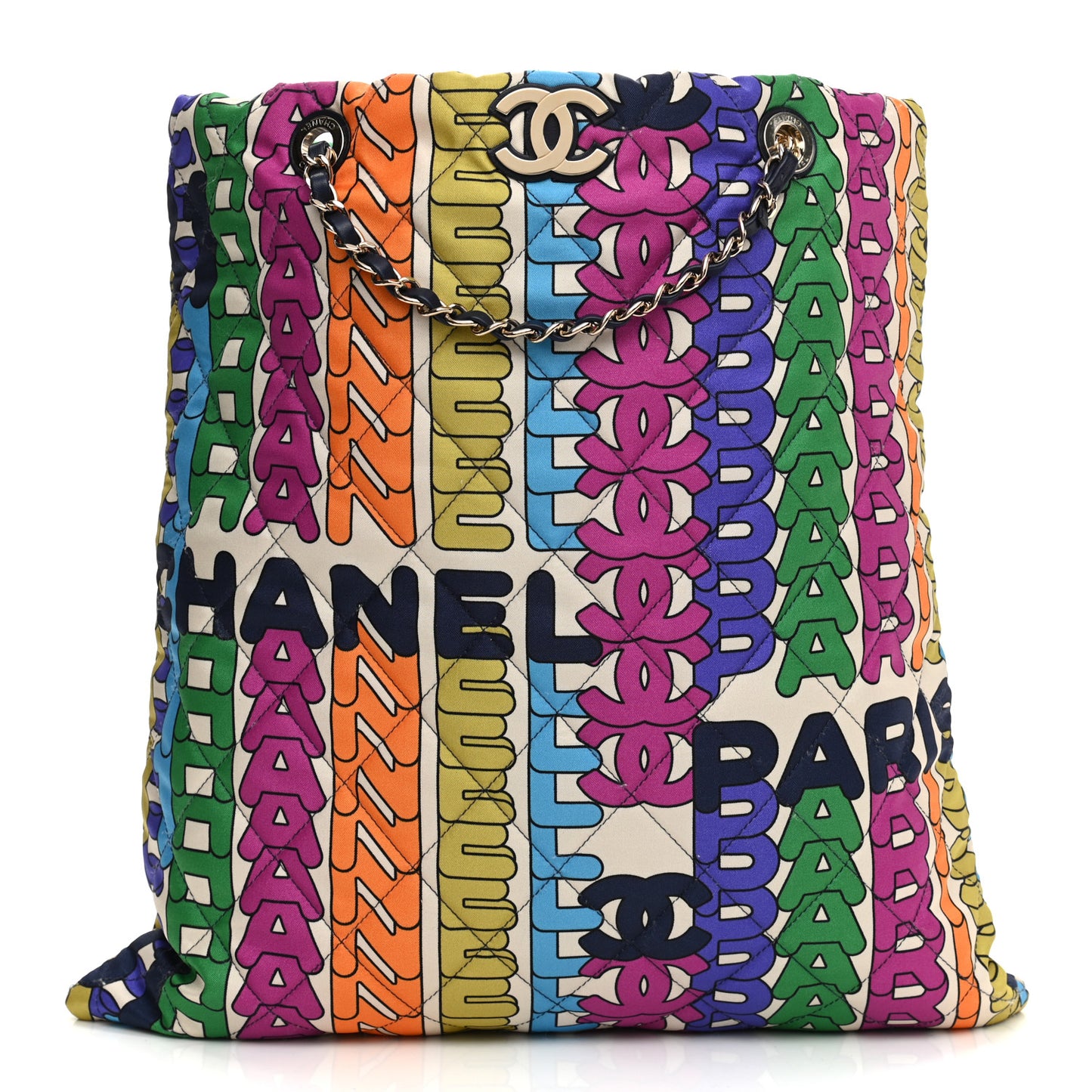 Printed Fabric Quilted Logo Large Shopping Tote Multicolor