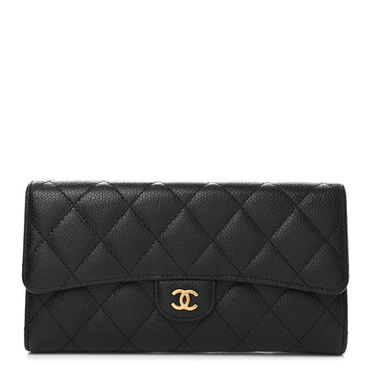 Caviar Quilted Large Gusset Flap Wallet Black