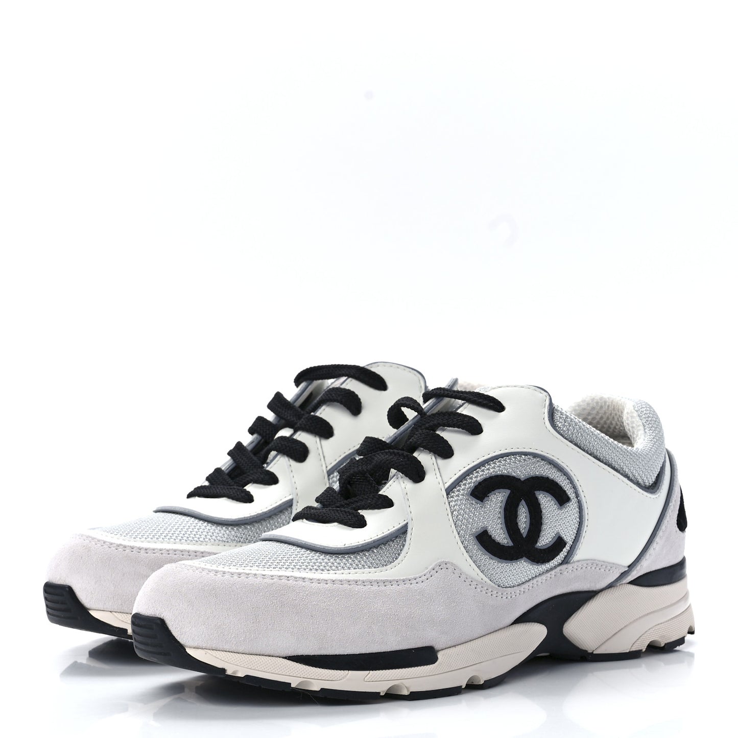Mesh Suede Calfskin Womens CC Sneakers 40 White Silver Light Grey