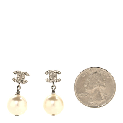 Chanel Crystal Pearl CC Drop Earrings Silver Pearly White 2 of 5