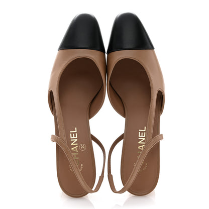 Chanel Lambskin Cap Toe CC Slingback Pumps 40.5 Dark Beige Black 2 of 11
