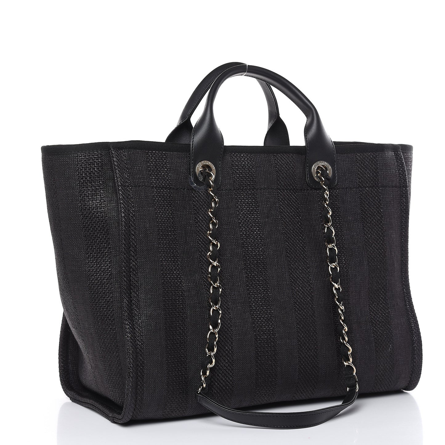 Straw Raffia Calfskin Striped Large Deauville Tote Black