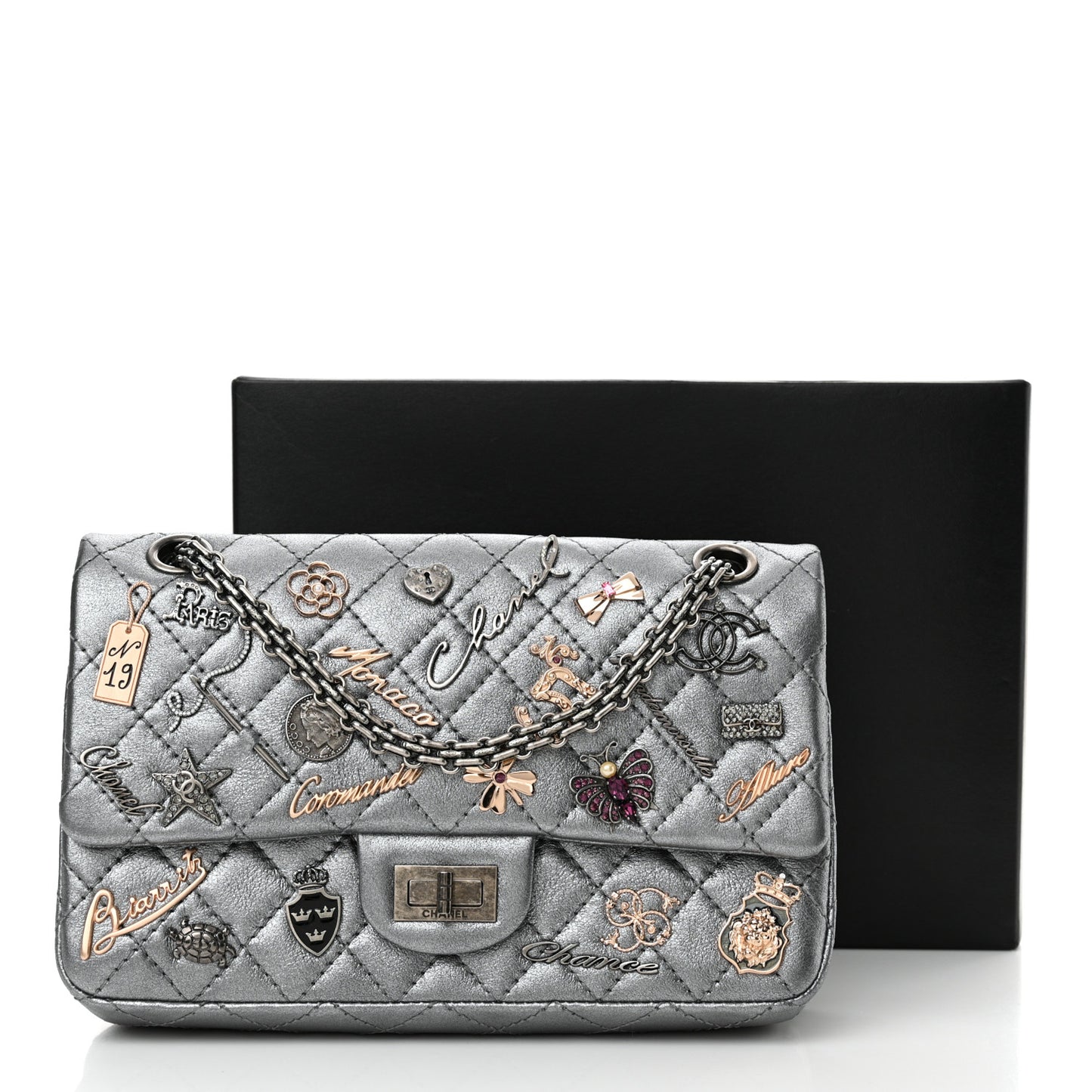 Metallic Calfskin Quilted Lucky Charms 2.55 Reissue 225 Flap Dark Silver