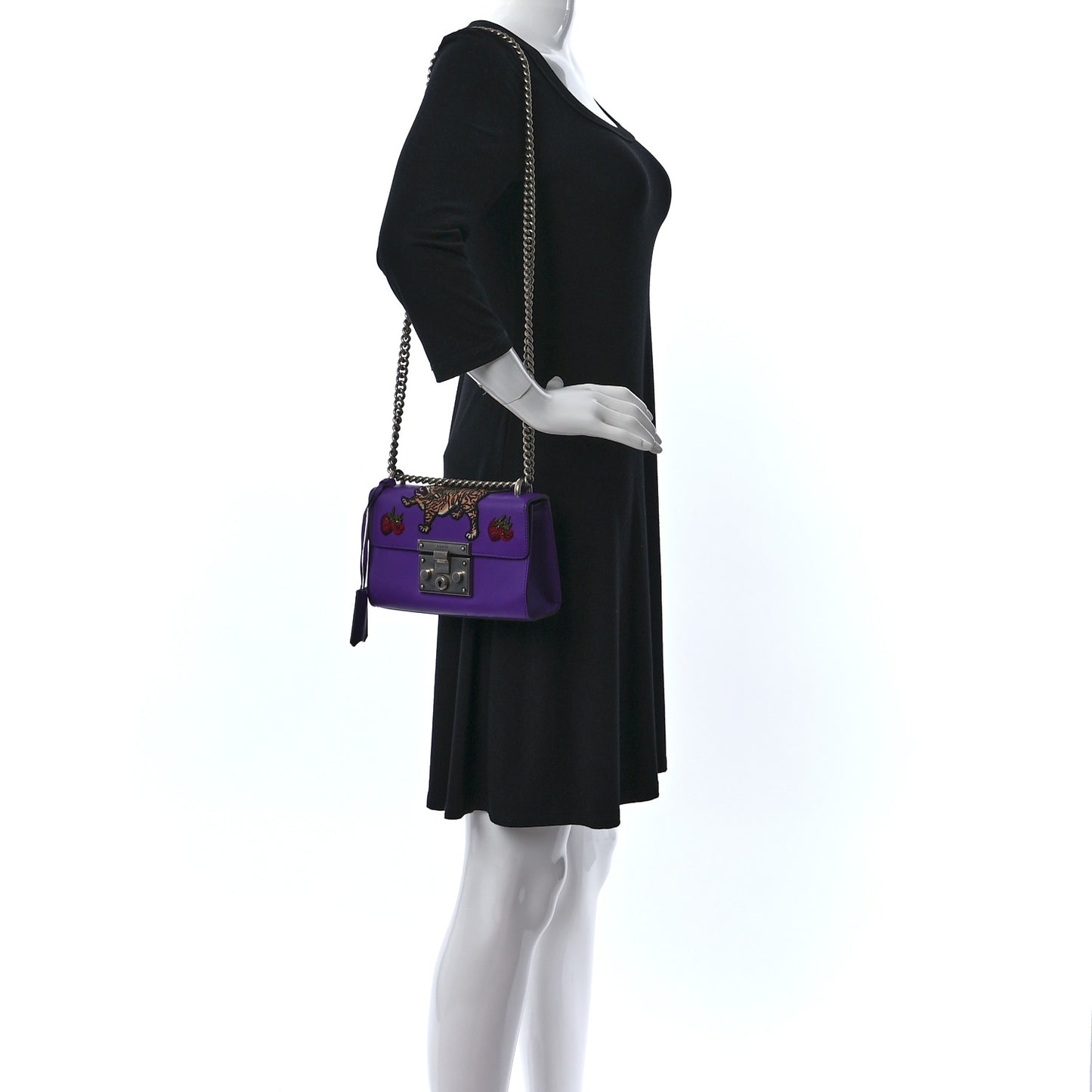 Calfskin Embroidered Tiger Strawberry Small Padlock Shoulder Bag Purple