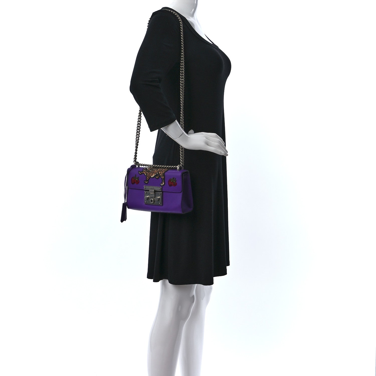 Gucci Calfskin Embroidered Tiger Strawberry Small Padlock Shoulder Bag Purple 2 of 9