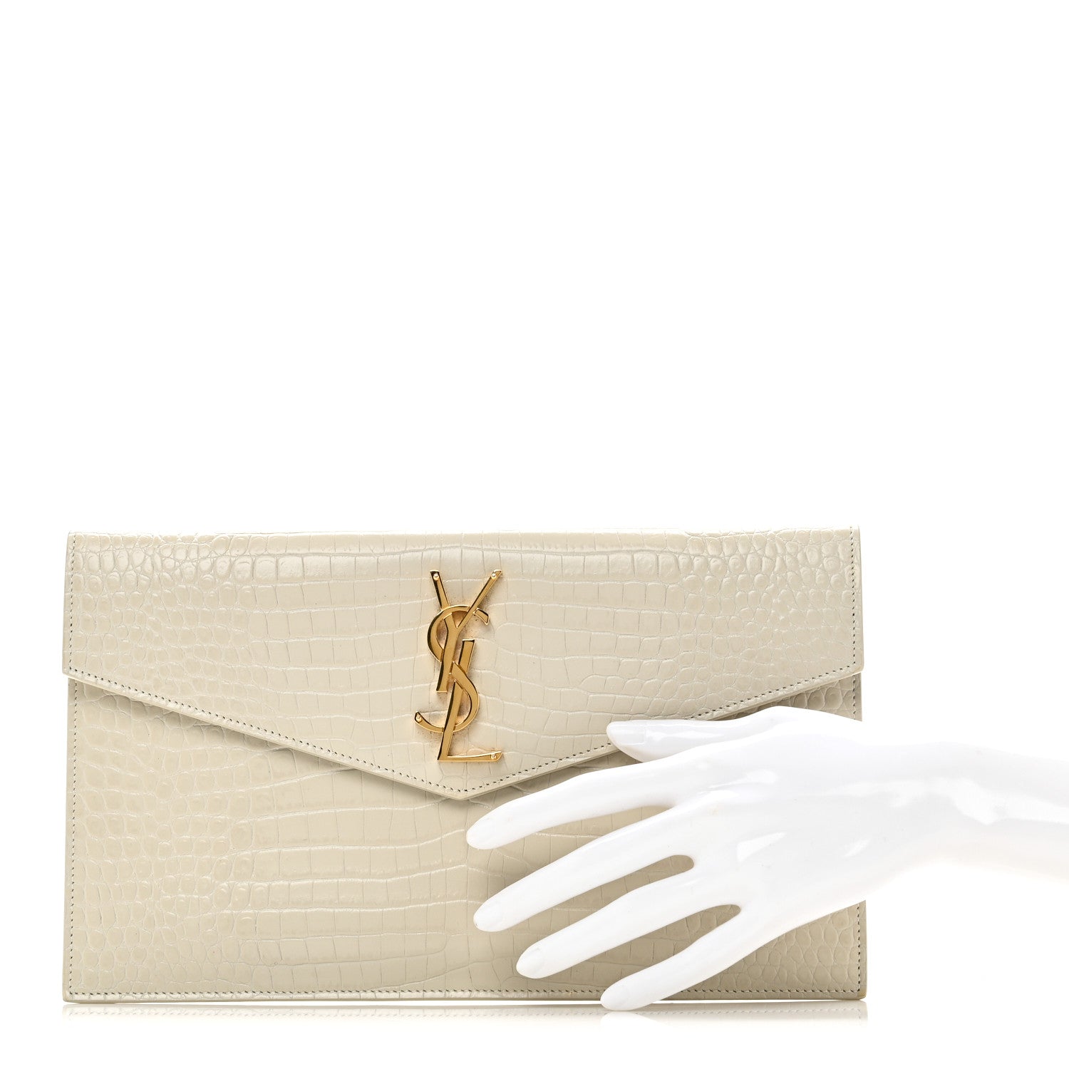 Saint Laurent Calfskin Crocodile Embossed Uptown Monogram Pouch Crema Soft 2 of 10