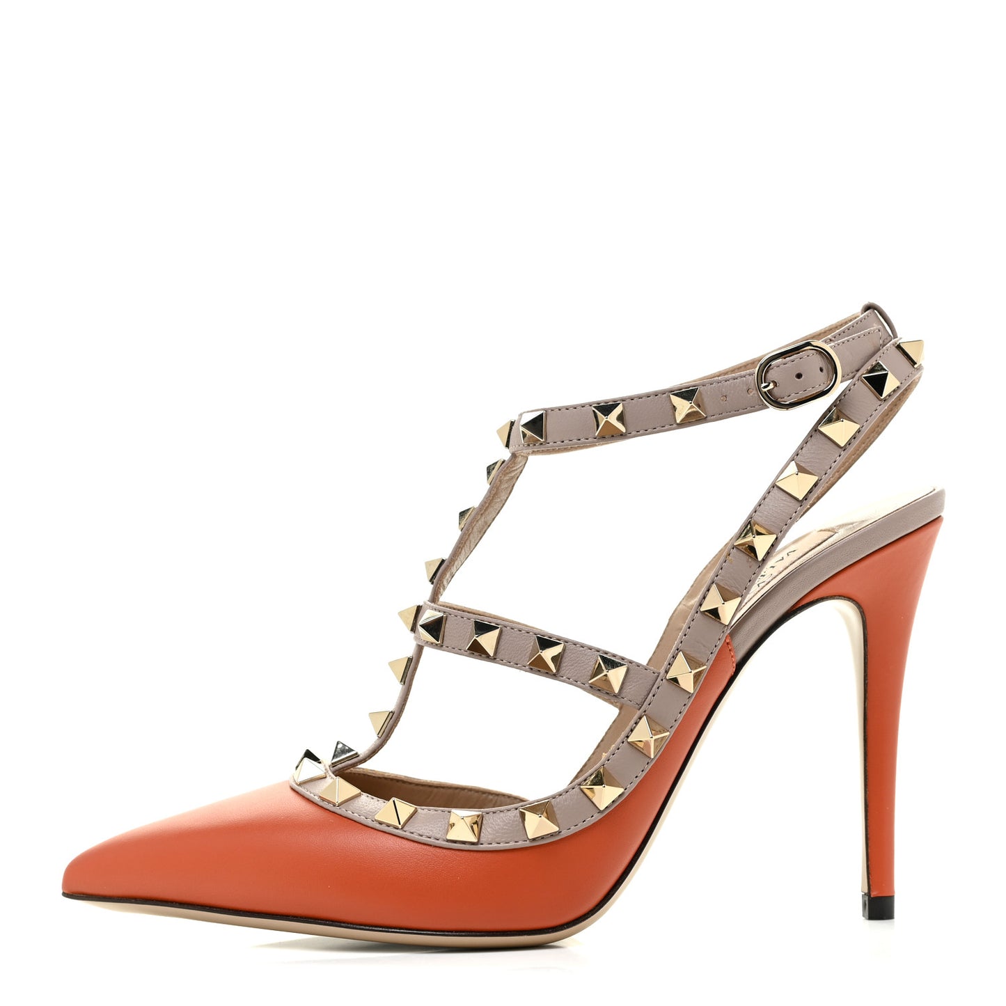 Calfskin Nappa Rockstud Ankle Strap 100mm Pumps 38 Orange Poudre