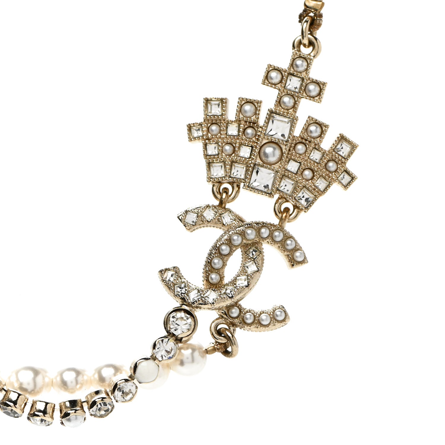 Chanel Pearl Crystal CC Crown Multi Strand Necklace Gold 4 of 6