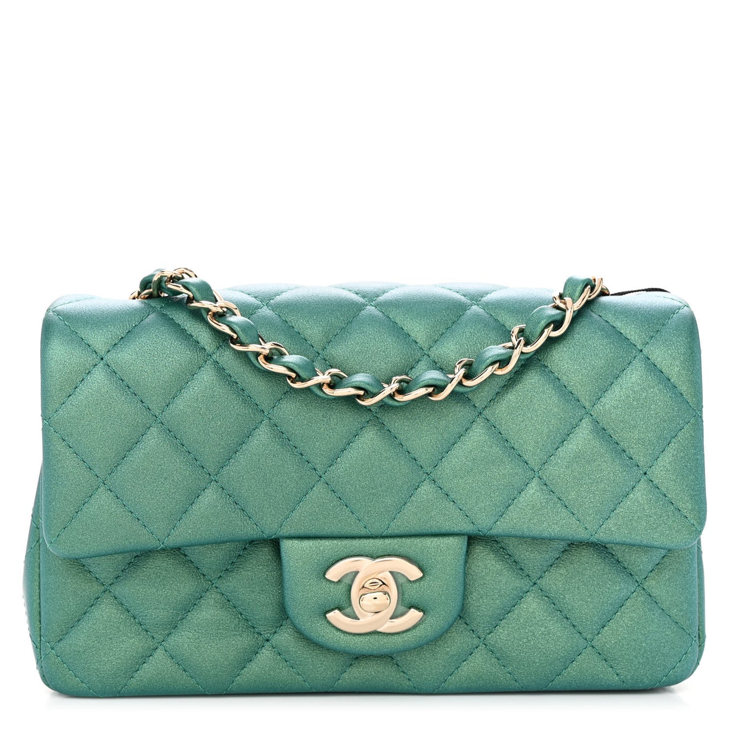 Iridescent Calfskin Quilted Mini Rectangular Flap Green