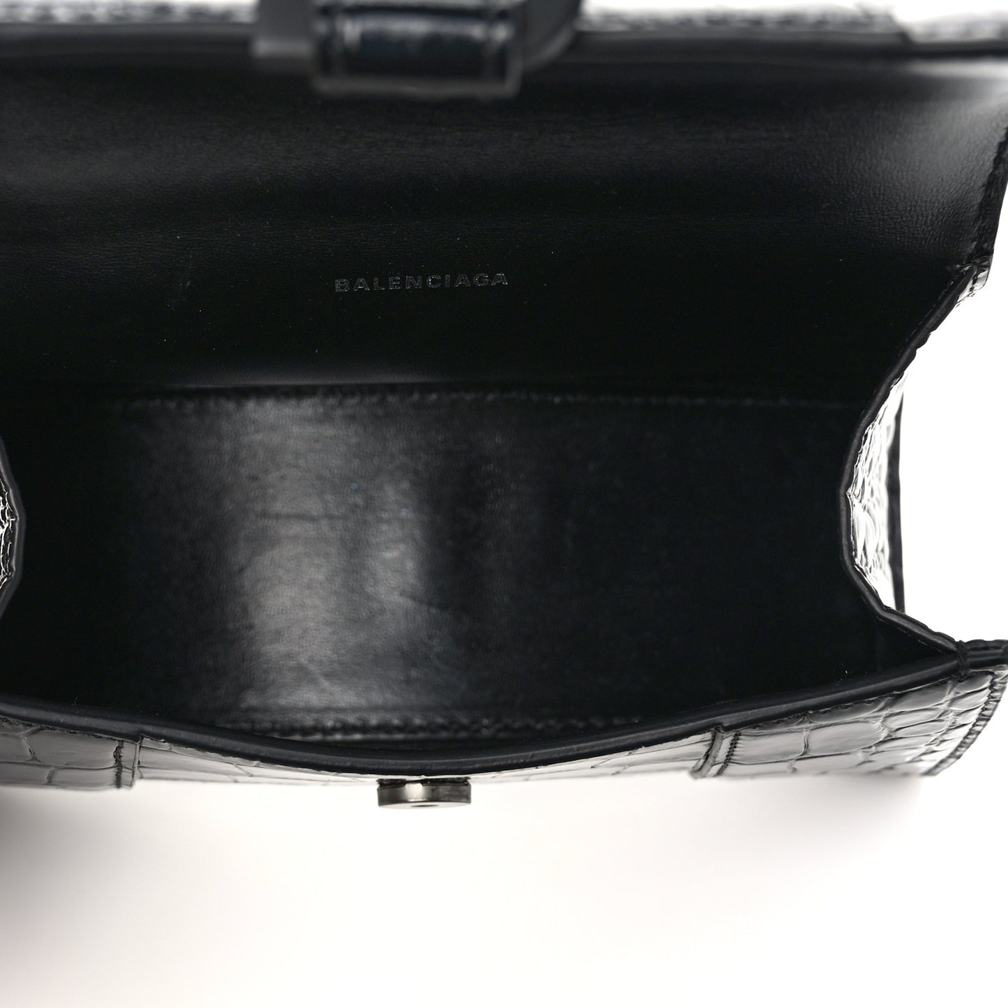 Shiny Calfskin Monochrome Crocodile Embossed Hourglass Top Handle Bag XS Black