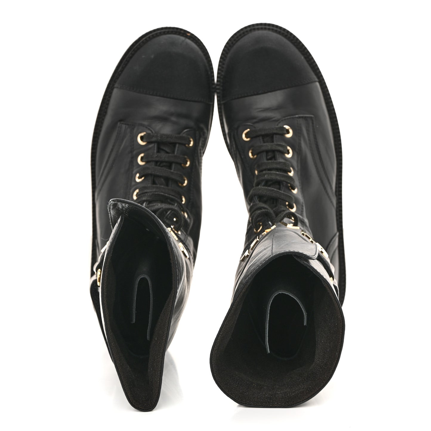 Shiny Calfskin Lace Up Combat Boots 37 Black